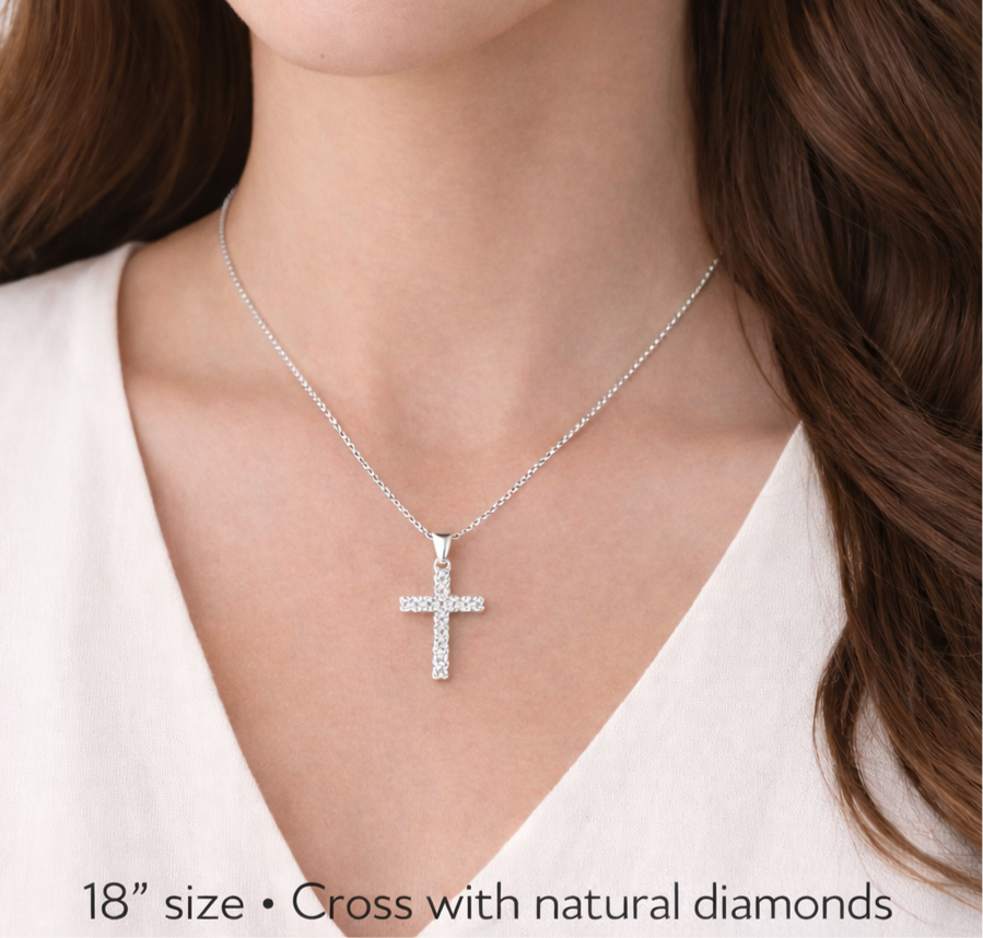 Real 14k white gold chain with cross charm with natural diamonds size 18