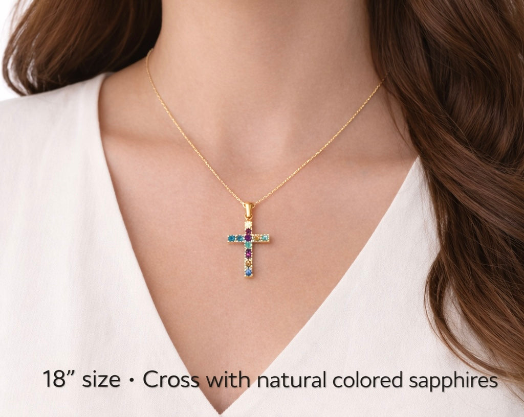 Chain with crus charm with natural sapphire stones of 18k real gold colors