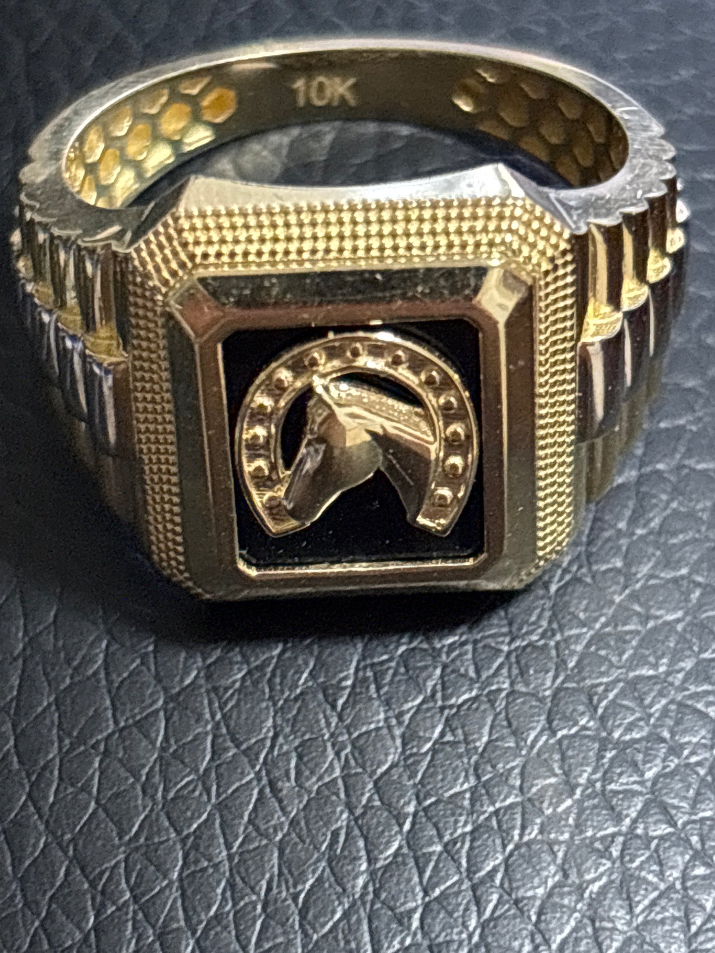 Real 10k gold ring with horse and horseshoe design, size 12
