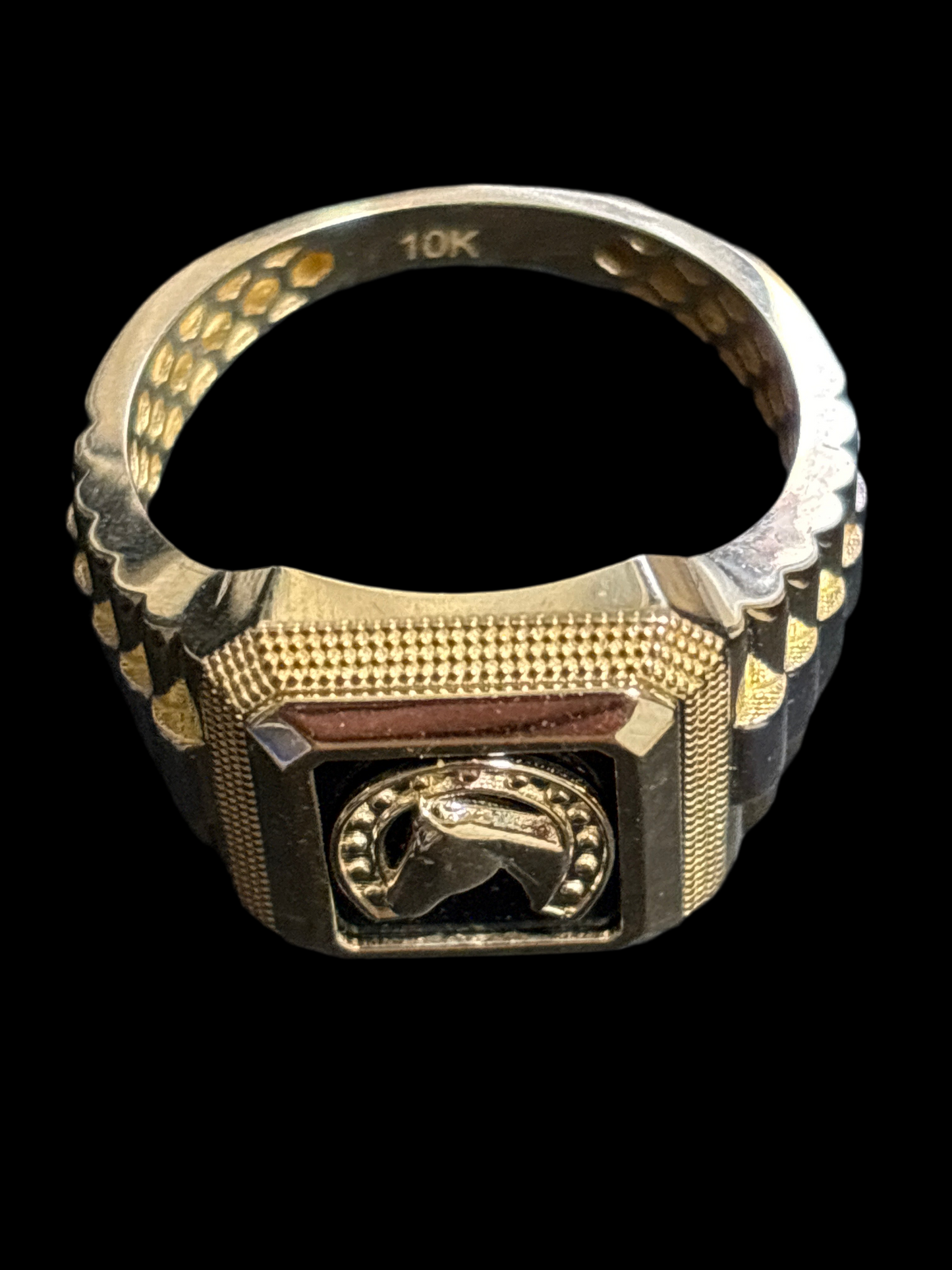 Real 10k gold ring with horse and horseshoe design, size 12
