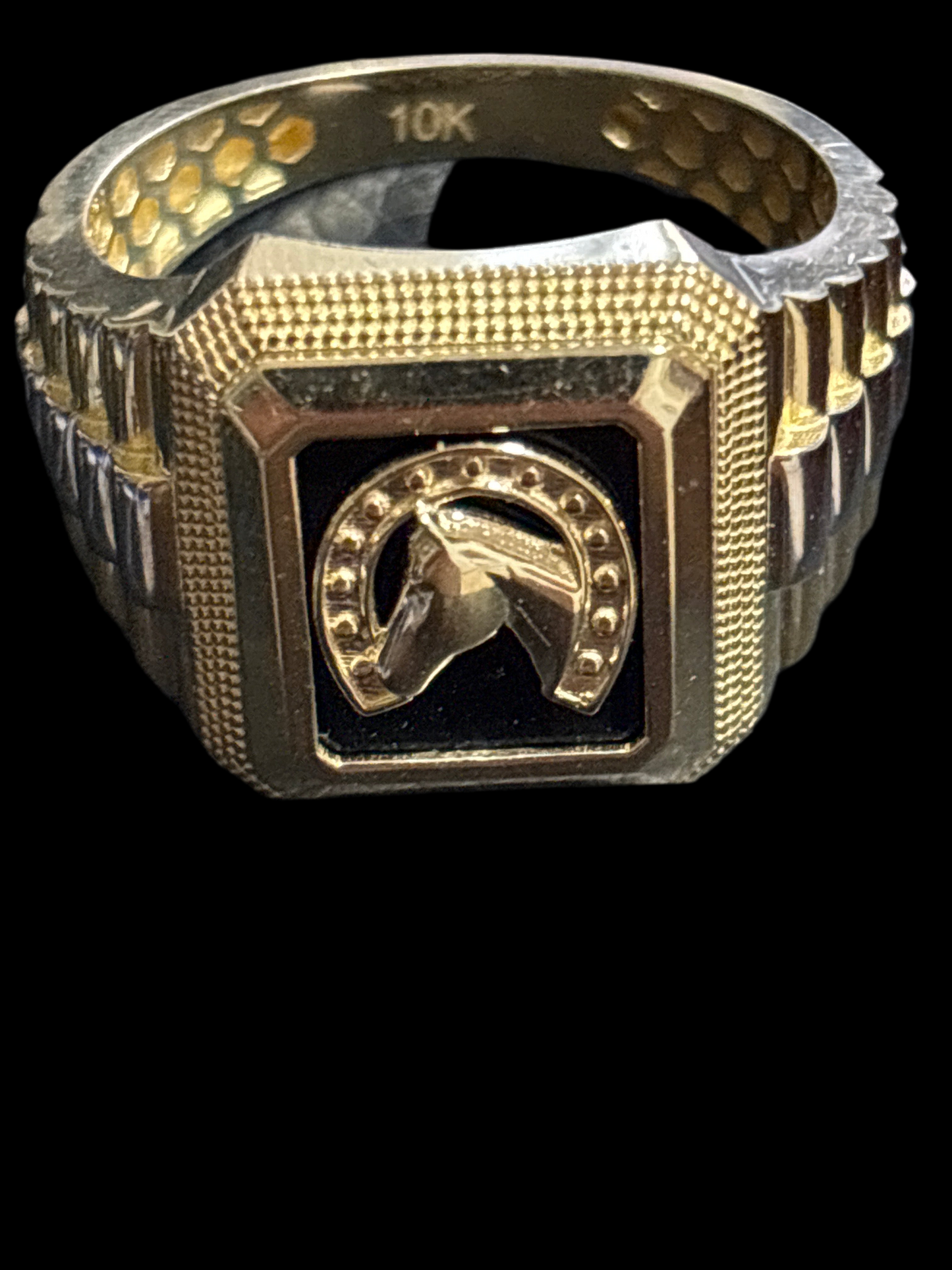 Real 10k gold ring with horse and horseshoe design, size 12