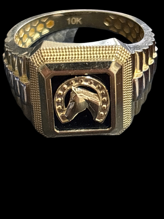 Real 10k gold ring with horse and horseshoe design, size 12