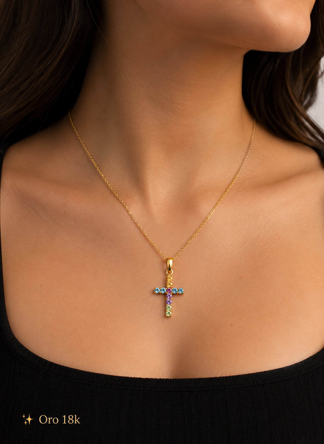 18K Solid Gold Cross Necklace with Natural Sapphire Gemstones – 18